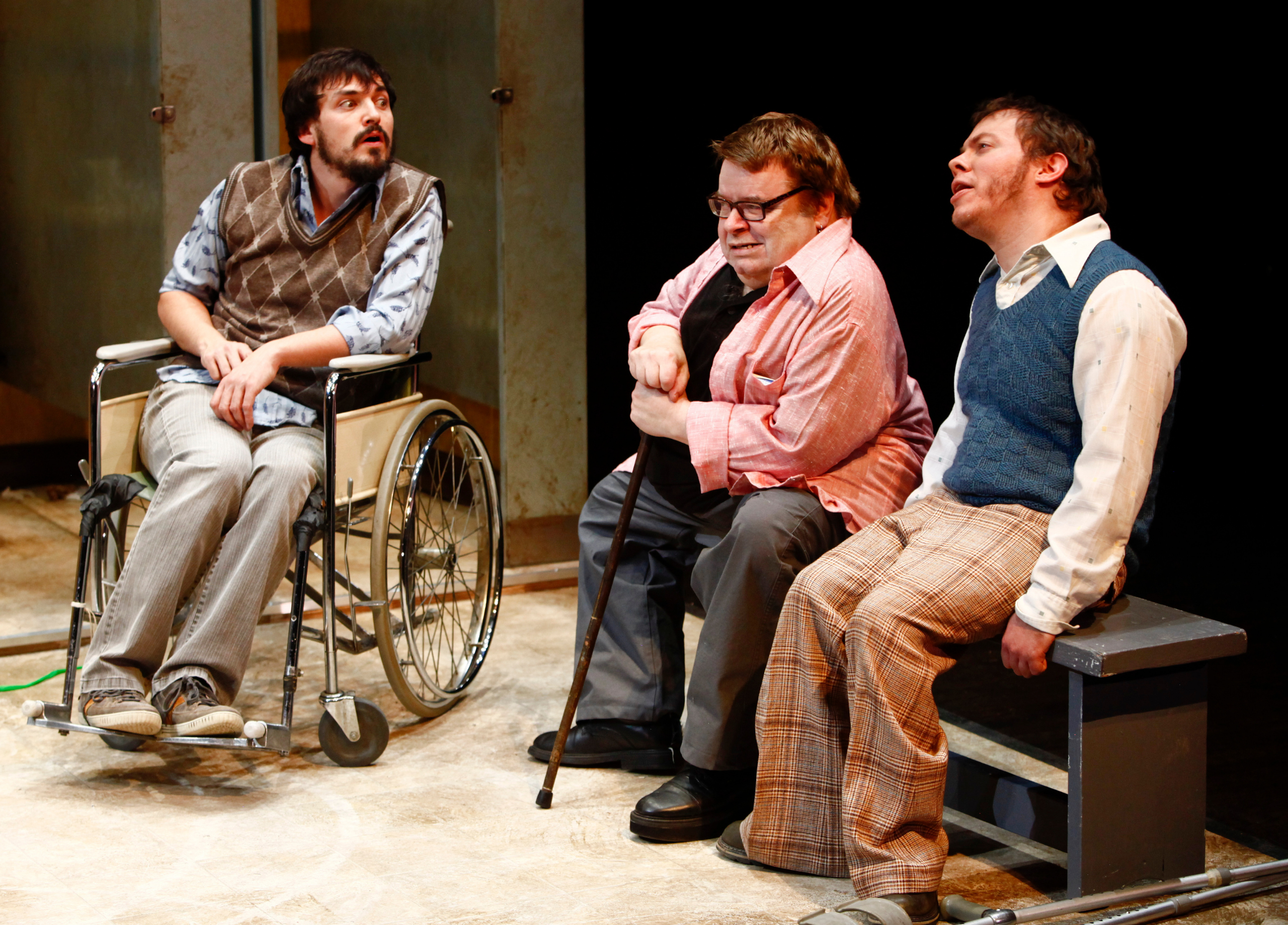 Production Photo from Creeps - Three actors sitting in a row.