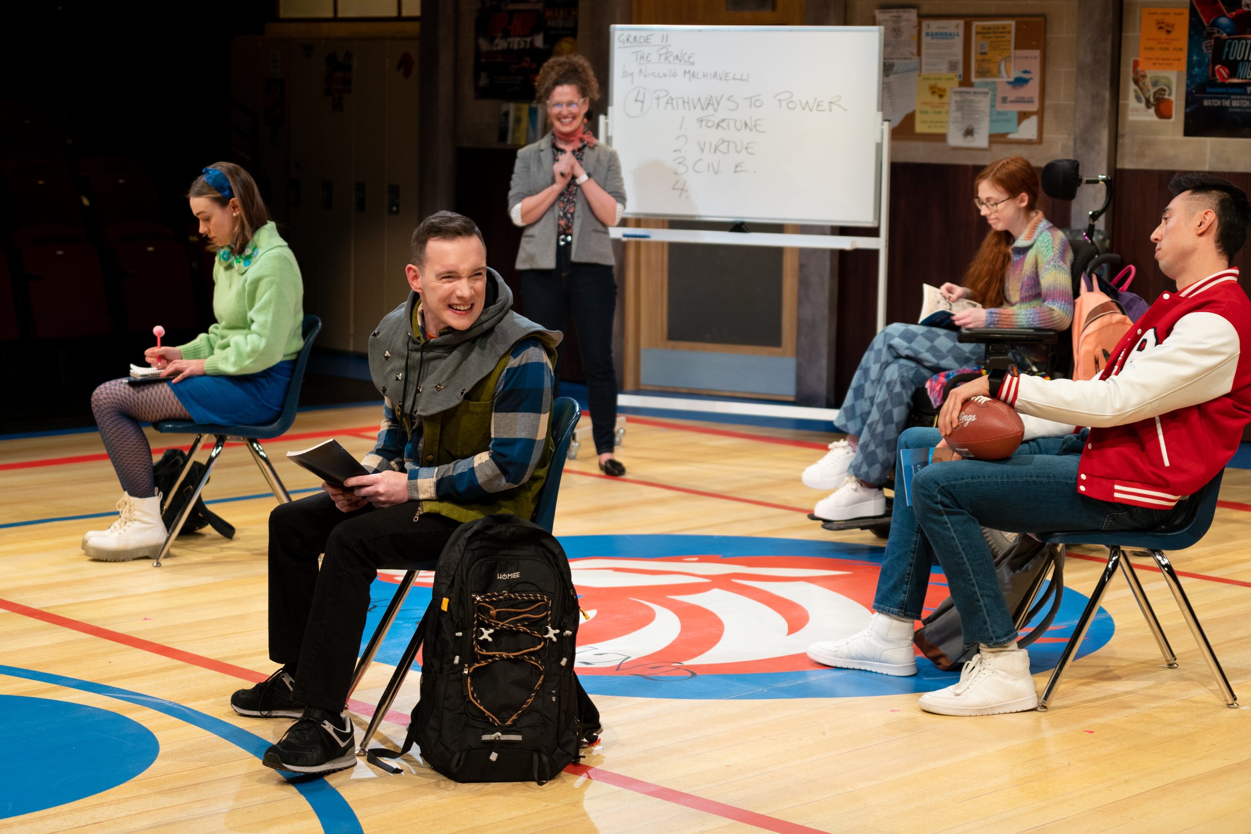 Elizabeth Barrett, Christopher Imbrosciano, Jennifer Lines, Cadence Rush Quibell, and Marco Walker-Ng in Teenage Dick, 2023: set design by Parjad Sharifi; costume design by Christine Reimer; lighting design by Rebecca Picherack; photo by Moonrider Productions for the Arts Club Theatre Company