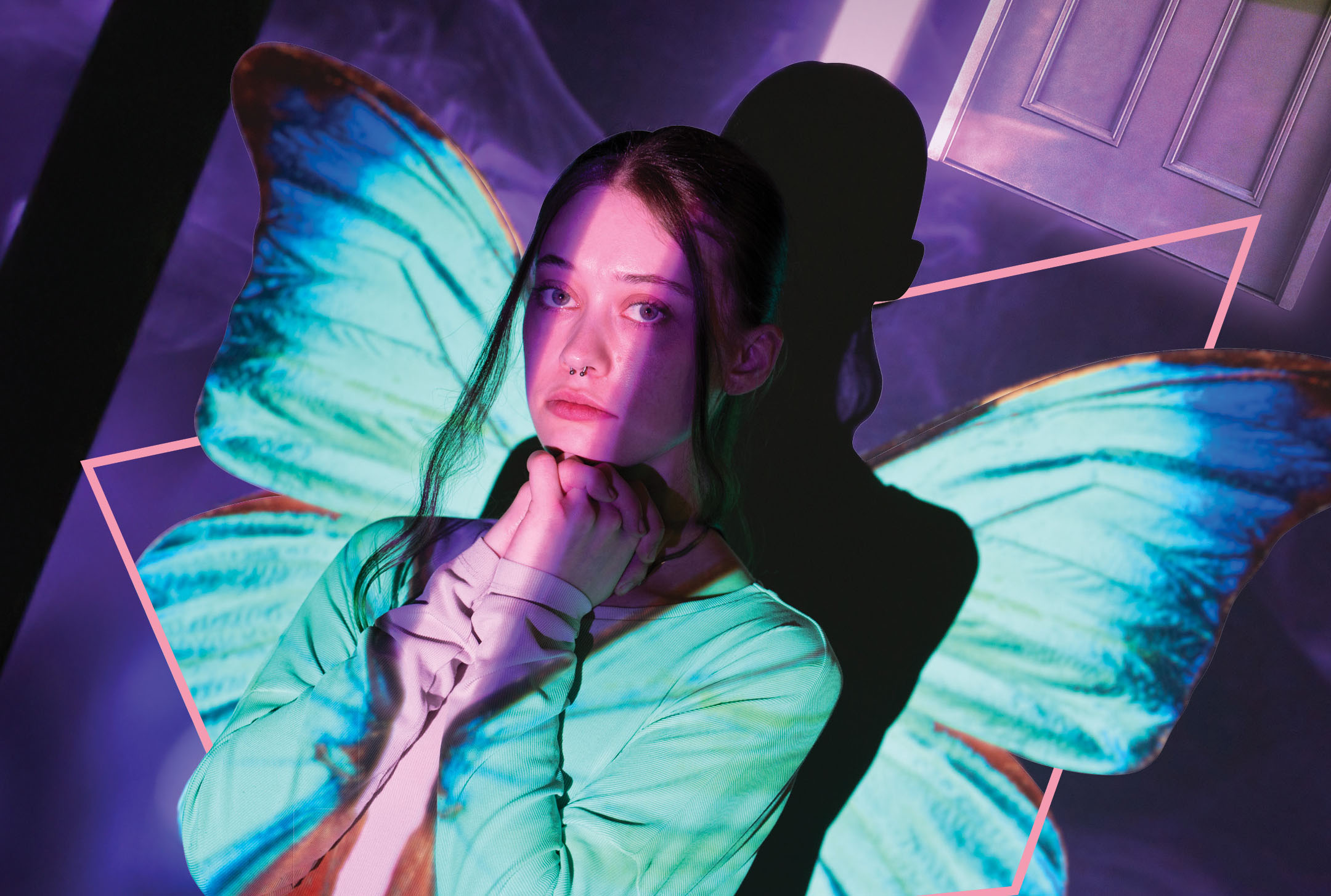 Faye's Room Poster Image - Actor with butterfly wings projected onto her, door in the background.