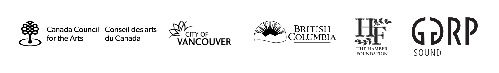 Funder Logos - Canada Council for the Arts, City of Vancouver, Province of BC, Hamber Foundation. In-kind support from GGRP Sound.